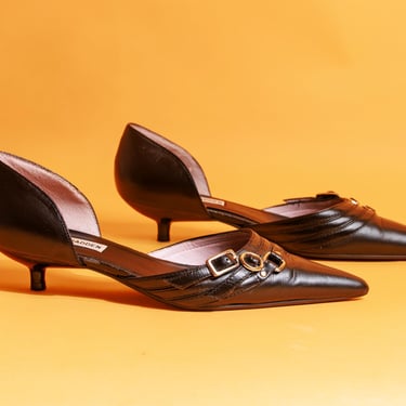 2000s Black Buckle Short Pointy Kitten Heels Vintage Office Siren Leather Steve Madden Heels 