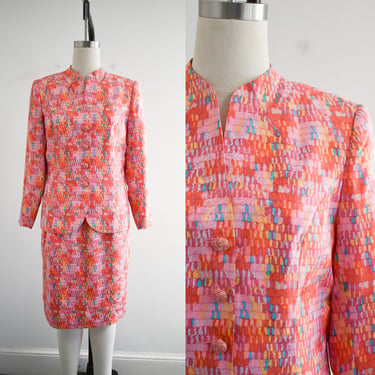 1990s Pink and Multi-Color Silk Skirt Suit 