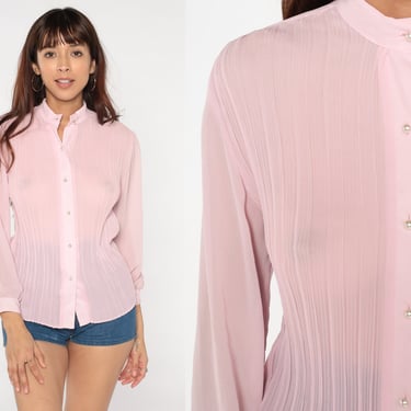 Sheer Pink Chiffon Blouse 70s Button up Top Retro Secretary Blouse Pastel Pearl Button Shirt Summer Top Seventies Vintage 80s Small S 