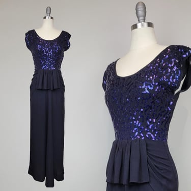 1940s Gown / Purple Sequined Dress / Black Crepe Gown with Purple Sequins / 1940s Evening Dress / Dress with Peplum / Size Small 