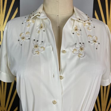 1950s blouse, white nylon, vintage 50s shirt, mrs masiel style, beaded blouse, button front, rockabilly style, 36 38 bust, pearls rhinestone 