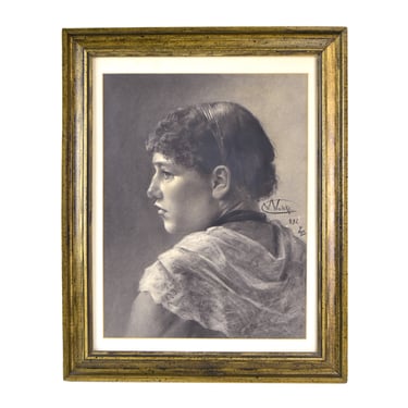 19th Century Finely Rendered Charcoal Drawing Profile Portrait of Young Woman 