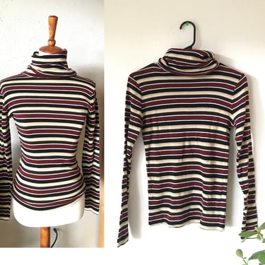 Vintage striped brown red black creme wool turtleneck long sleeve top size xs to medium 