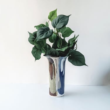 Vintage Mid Century Otagiri Ikebana Ceramic Ribbed Fluted Vase/ Blue Brown White Drip Glaze Vase/Japan Pottery Weed Pot/Boho MCM Shelf Decor 