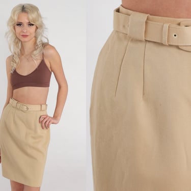 Tan Pencil Skirt 80s Wool Mini Skirt High Waisted Wiggle Belted Retro Office Secretary Simple Plain Minimalist Vintage 1980s 2xs xxs 