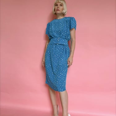 Vintage 80s Bright Blue Abstract Dot Liz Claiborne Dress 