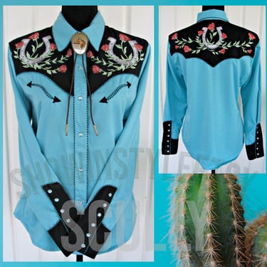 Scully Vintage Retro Women's Cowgirl Western Shirt, Blouse, Turquoise & Black, Horse Shoes and Roses Embroidery, XXLarge (see meas. photo) 