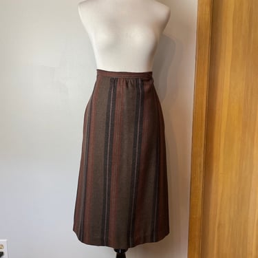 Vtg 70’s wool striped plaid skirt~ fringed slight A line 1970’s brown earth tones MED 29” W 