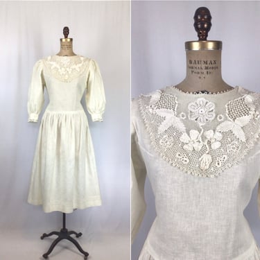 Vintage 80s dress | Vintage cream cotton linen lace dress | 1980s cottage core dress 