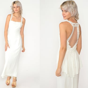 White Gown 80s Scott McClintock Maxi Dress Floral Lace Trim Open Back Peplum Bridal Elopement Simple Formal Evening Vintage 1980s Small S 