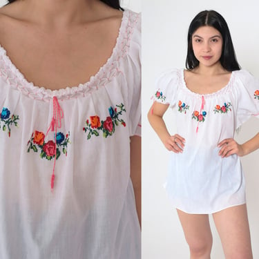 White Mexican Blouse 80s Floral Embroidered Top Peasant Hippie Tunic Cotton Gauze Puff Sleeve Bohemian Floral Tent Shirt Vintage Medium M 