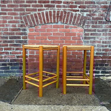 Mid-Century Danish Modern Natural Woven Rush Seat Bar Stools 