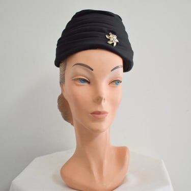 1950s Black Satin Turban Hat 