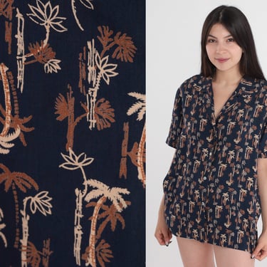 Silk Palm Tree Blouse 90s Button Up Shirt Tropical Top Retro Short Sleeve Navy Blue Botanical Print Hippie Collared 1990s Vintage Small S 
