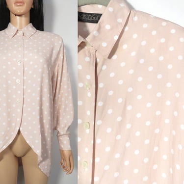 Vintage 80s/90s Blush Pink Polka Dot Blouse With Cutaway Hem And Back Vent Made In USA Size M/L 