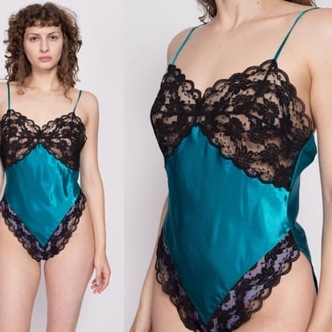 Medium 90s Blue Satin & Sheer Black Lace Lingerie Teddy / Vintage Victoria's Secret High Hip One Piece Sexy Bodysuit 