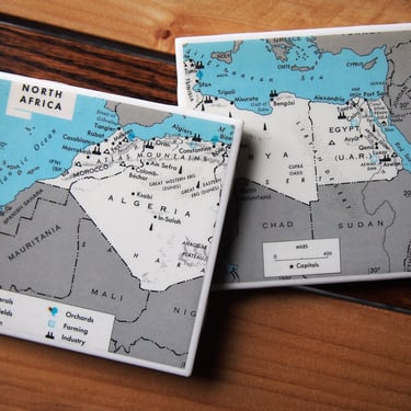 1971 North Africa Vintage Map Coaster Set of 2. Africa Map Décor. Morocco Map. Algeria Gift. Libya Map. Egypt Coaster. Africa History Gift. 