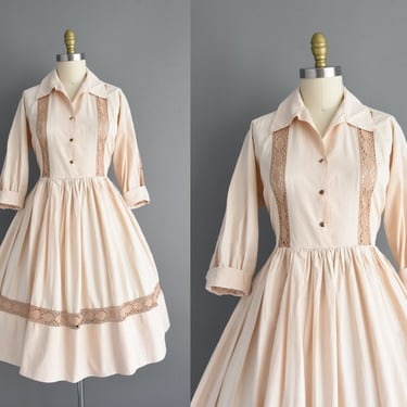 1950s vintage dress | Adorable Ivory & Beige Shirtwaist Full Skirt Cotton Dress | Large | 50s dress 