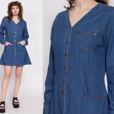 90s Denim Long Sleeve Mini Dress - Large | Vintage V Neck Button Front Jean Pocket Grunge Dress 