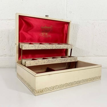 Vintage Ivory Mele Style Jewelry Box Beige White Red Gold Floral Hard Case Velvet Vanity Retro Storage 1960s 