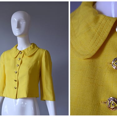 Vintage 1960s T. Jones Lemon Yellow 3/4 Length Sleeve Cropped Blazer Jacket with Gold and Yellow Enamel Painted Buttons 