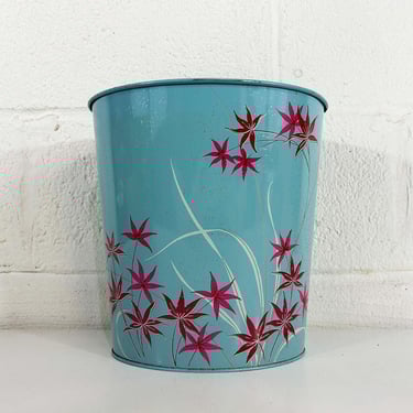 Vintage Floral Trash Can Metal Basket Waste 1950s 50s Tin