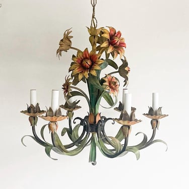 Vintage Tole 6 Arm Chandelier French Toleware Italian Tole Mid Century Lighting Hand Painted Floral Flowers 6 Light Candleabra Chandelier 