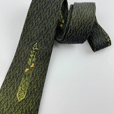 Mid-60's Olive Silk Tie - BRENT Label - Cool Leaf Pattern with Tiny Flowers as a Crest - Olive Silk with Black Squiggle Lines 