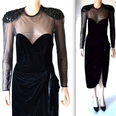 Vintage 90s Prom Dress Black Velvet Illusion Dress Size Small Medium by Betsy and Adam// Vintage Black Body Con Sequin Dress 