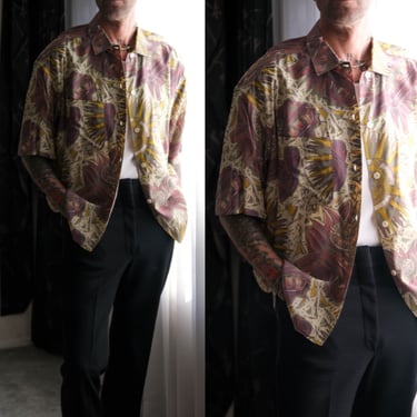 Vintage 90s BYBLOS Muted Abstract Nautilus Sunburst Print Rayon Shirt | Made in Italy | 100% Rayon | 1980s 1990s Italian Designer Mens Shirt 