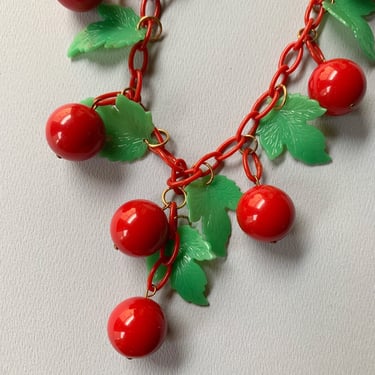 1940s Red Cherries Bakelite and Celluloid Necklace