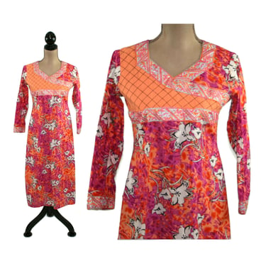 XS-S Fuchsia Orange Floral Batik Print Cotton Kurta, Empire Waist Long Tunic Dress, India Clothes Women Vintage Hippie Bohemian Clothing 