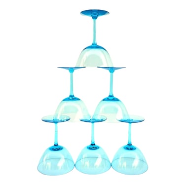 Vintage Turquoise Glass Champagne Coupes | Set of Six | Chic Mid-Century Barware 
