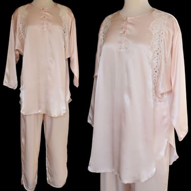 Vintage 80s Satin Pajamas, Lace Embellishment, 1940s Style Peach Lounging Set, Size M Medium 