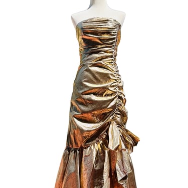 1970's Gold Lamé Strapless Ruched Cocktail Dress