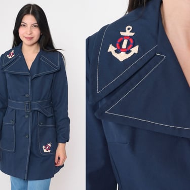 60s Anchor Trench Coat Navy Blue Nautical Embroidered Jacket Single Breasted Button Up Sailor Long Sleeve Belt Vintage 1960s Extra Small xs 