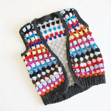 Vintage Granny Square Crochet Vest S - Hand Knit Womens Colorful Sweater Vest - Striped Knitted Open Front Vest Shrug 
