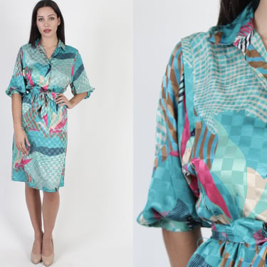 80s Geometric Print Secretary Mini Dress, Teal Silky Office Style Dress, Wear To Work Dress With Pockets 
