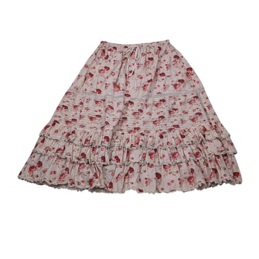 Magnolia Pearl - Cream w/ Red Floral Print Cotton Midi Skirt Sz L