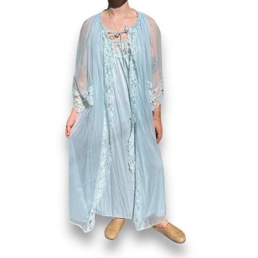 Vintage 1970s Womens Baby Blue Lace Nightgown Maxi Babydoll Slip Dress Sz M 