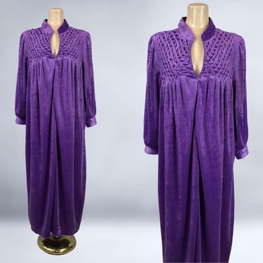 VINTAGE 90s Purple Velour Smocked House Dress or Nightgown with Pockets | 1990s Plush Warm Maxi House Coat Robe | Zip Front | VFG 