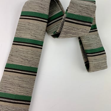 Early 1960'S Horizontal Striped Tie - SILK and COTTON Blend - Green, Gray & Black - Narrow Mod Square End Tie 