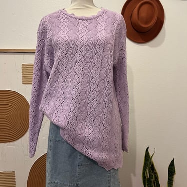 Vintage Lilac Purple Cotton Knit USA Made Oversized Long Granny Cottage Sweater 