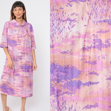 Psychedelic Dress 70s Mod Midi Dress Abstract Tree Cloud Print Asian Inspired Ascot Tie Short Sleeve Day Purple Pink Vintage 1970s Large L 