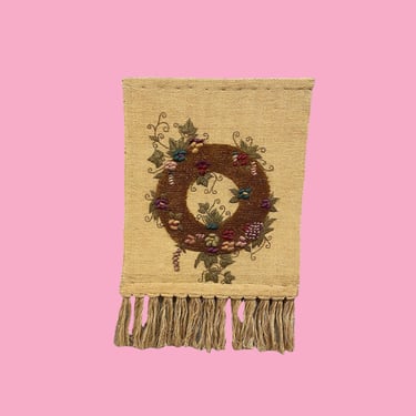 Vintage I.C.A. Weaving 1990s Retro Size Farmhouse + Cottage Core + Wreath with Flowers + Hanging + Wall Tapestry + Home Decor 