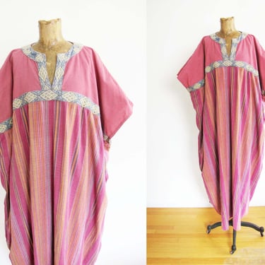 Vintage 90s J Peterman Pink Striped Caftan Dress - 1990s Embroidered Bohemian Cotton Maxi Sundress 