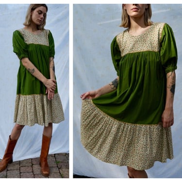 1970's Tunic Dress / Patchwork Floral Printed Dress / Bibbed Dress / Nap Dress / Prairie Dress / Metallic Ric Ric Ribbon Puffed Sleeves 