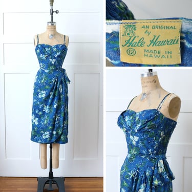 vintage 1950s Hawaiian sarong dress • tiki Hale Hawaii blue & green tropical floral cotton 