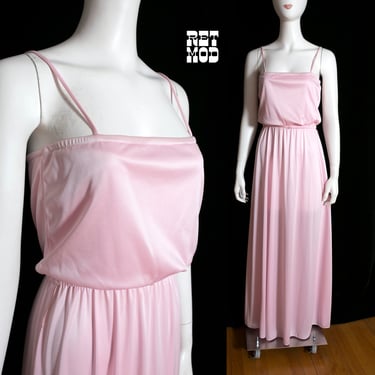 Sweet Vintage 70s Pastel Pink Long Maxi Dress with Spaghetti Straps 