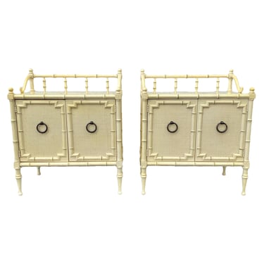 Set of 2 Hollywood Regency Nightstands FREE SHIPPING - Vintage Drexel Kensington Faux Bamboo & Rattan Chinoiserie Furniture 